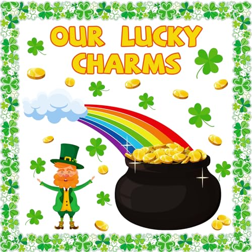 Kepeel St. Patrick’s Day Bulletin Board Set, St. Patrick’s Shamrocks Cutouts Border Clover Leprechaun Rainbow Pot of Gold Classroom Decorations for School Chalkboard Wall Window Party Decor Supplies - Image 1