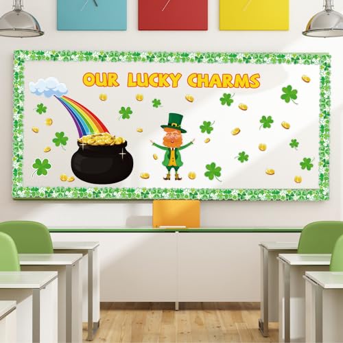 Kepeel St. Patrick’s Day Bulletin Board Set, St. Patrick’s Shamrocks Cutouts Border Clover Leprechaun Rainbow Pot of Gold Classroom Decorations for School Chalkboard Wall Window Party Decor Supplies - Image 5