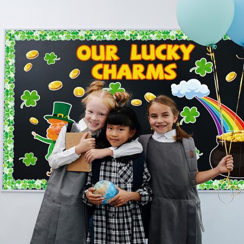 Kepeel St. Patrick’s Day Bulletin Board Set, St. Patrick’s Shamrocks Cutouts Border Clover Leprechaun Rainbow Pot of Gold Classroom Decorations for School Chalkboard Wall Window Party Decor Supplies - Image 4