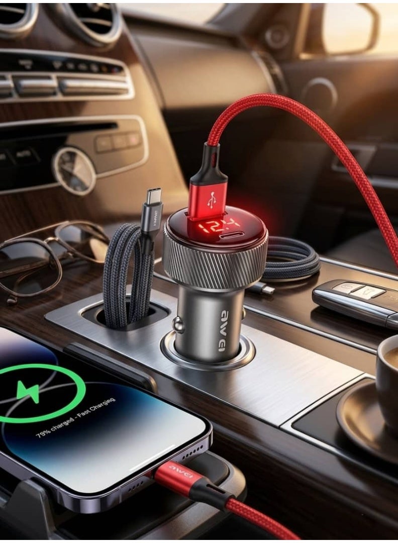 أوي Awei C-859 30W PD Fast Car Charger with LED Voltage Display, USB & Type-C Ports, Universal Fast Charging Car Adapter – coffee coler coffee coler - Image 3