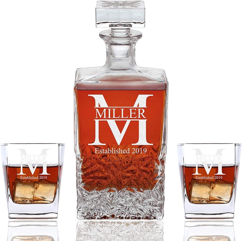 Sofia's Findings Personalized Squared 3 piece Whiskey Decanter Set  Decanter and 2 Glasses Gift Set  Custom Engraved Miller Design 
