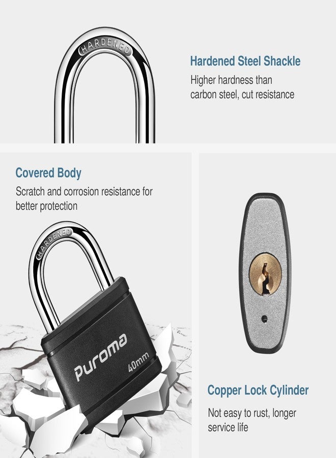 Puroma Keyed Padlock with 2 Keys Alike, 1.1 Inch Locker Lock 40mm Heavy-Duty Locks for Gate Fence Hasp Cabinet Toolbox School Gym Locker (Black) - Image 3