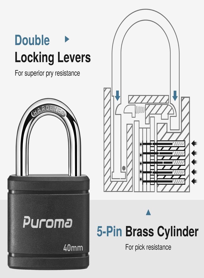 Puroma Keyed Padlock with 2 Keys Alike, 1.1 Inch Locker Lock 40mm Heavy-Duty Locks for Gate Fence Hasp Cabinet Toolbox School Gym Locker (Black) - Image 4