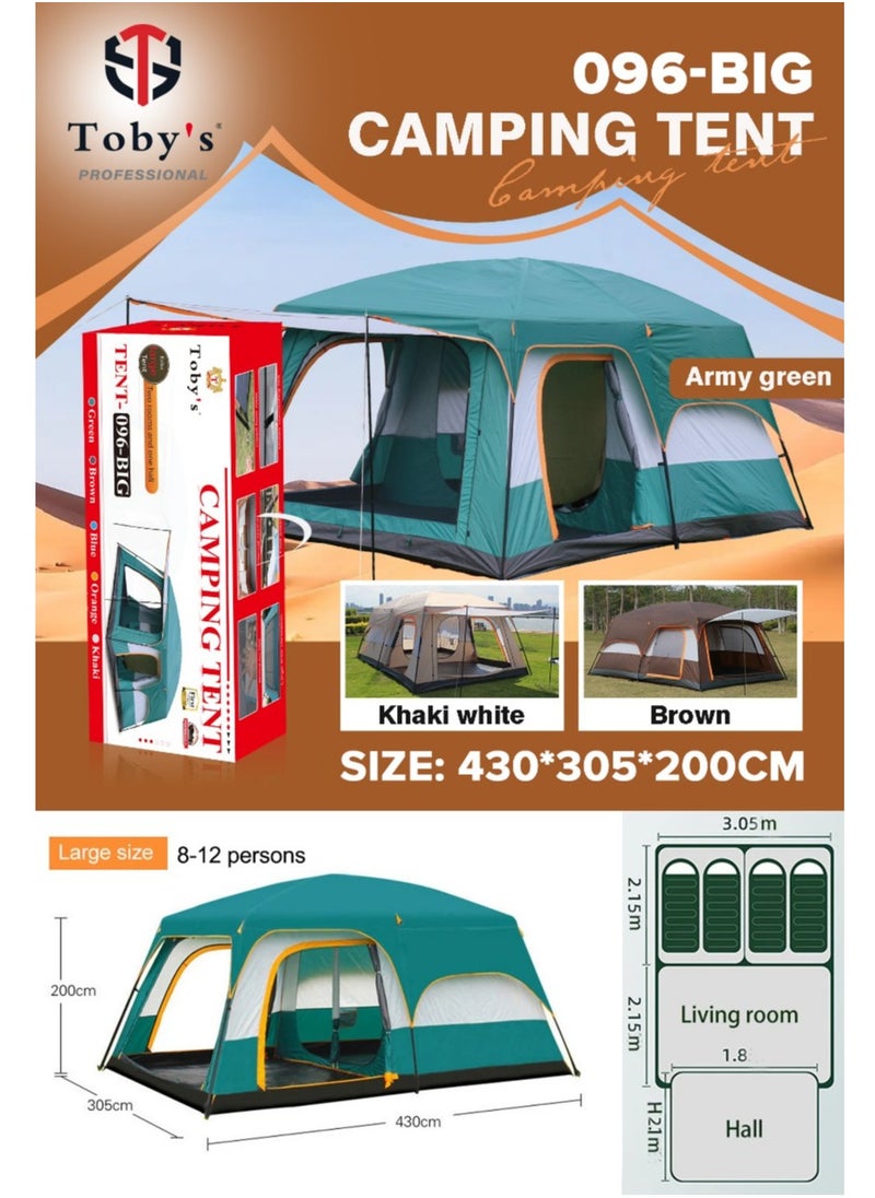 Toby's - Toby’s New 8-12 person double layer outdoor camping tent two bedrooms and a living room family cabin (Green) - Image 1