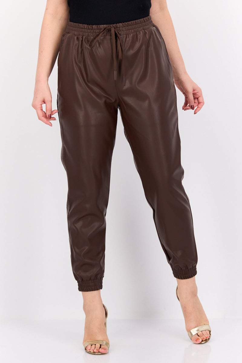 DEX Women High Rise Solid Drawstring Jogger Pants, Brown  - Image 1