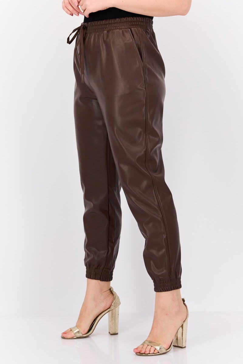 DEX Women High Rise Solid Drawstring Jogger Pants, Brown - Image 2