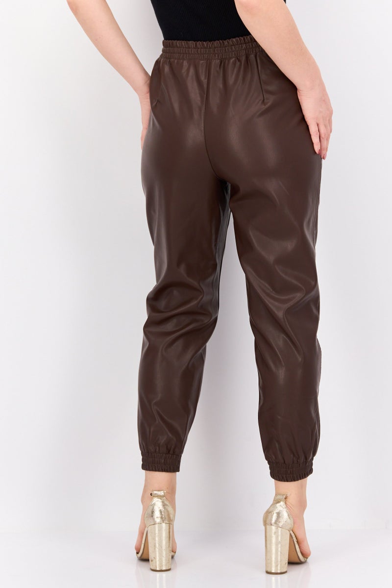 DEX Women High Rise Solid Drawstring Jogger Pants, Brown - Image 3