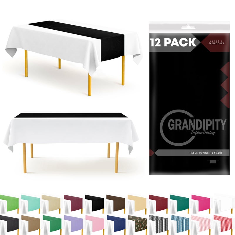 Grandipity Black 12 Pack Premium Disposable Plastic Table Runner 14 x 108 Inch Table Runner for Dinner Parties  Events by Grandipity 