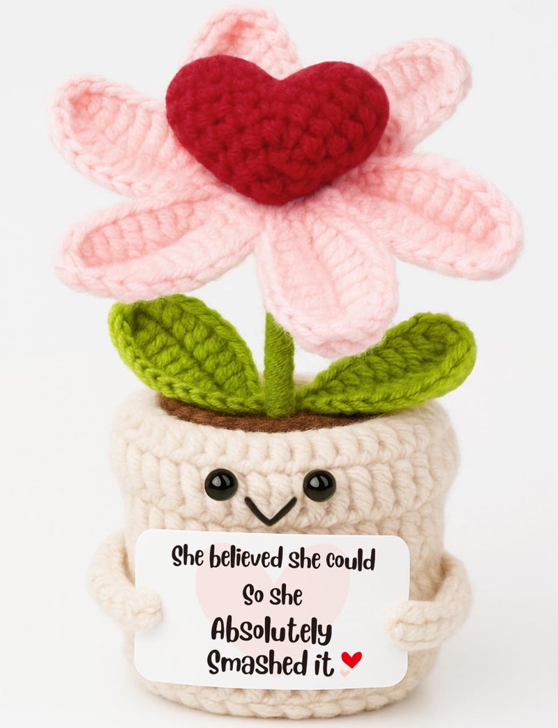 Frabaca Crochet Heart Flower Plush - Cute Desk Decor with Positive Message - Appreciation Gift for Women, Friends, Coworkers - Handmade Mini Plant for Home or Office Decoration - Image 1