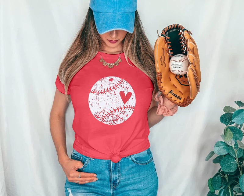 JinTing Baseball Shirt Women Baseball Heart Tee Shirts Baseball Mom Tshirt Game Day Casual Crew Neck Short Sleeve Tops Red - Image 4