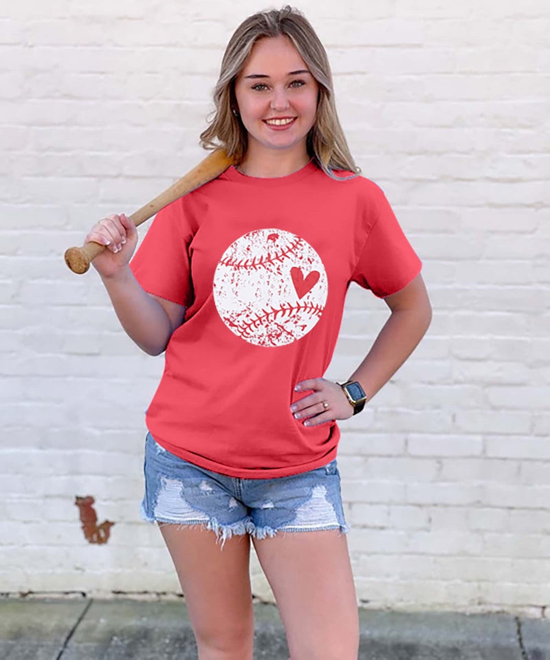 JinTing Baseball Shirt Women Baseball Heart Tee Shirts Baseball Mom Tshirt Game Day Casual Crew Neck Short Sleeve Tops Red - Image 2