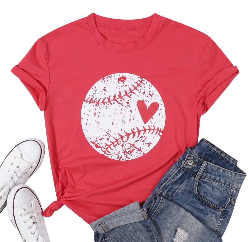 JinTing Baseball Shirt Women Baseball Heart Tee Shirts Baseball Mom Tshirt Game Day Casual Crew Neck Short Sleeve Tops Red - Image 1