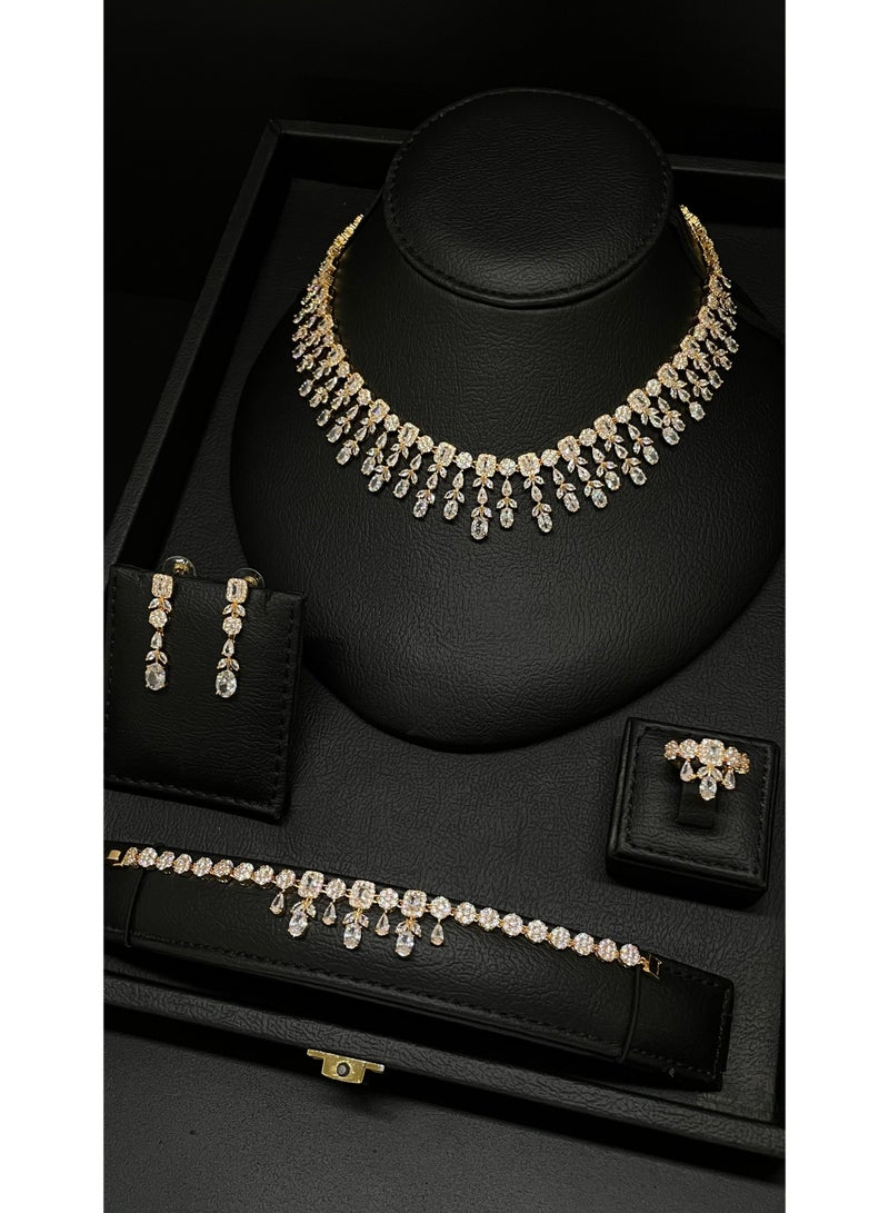 Elysian Luxury Full Set Zircon Gold Plated Jewelry Set  Elegant Full Zircon Gold Plated Jewelry Set for Women  Premium Zircon Gold Plated Complete Jewelry Set  Bridal Full Set Zircon Gold Plated Jewelry - Image 1