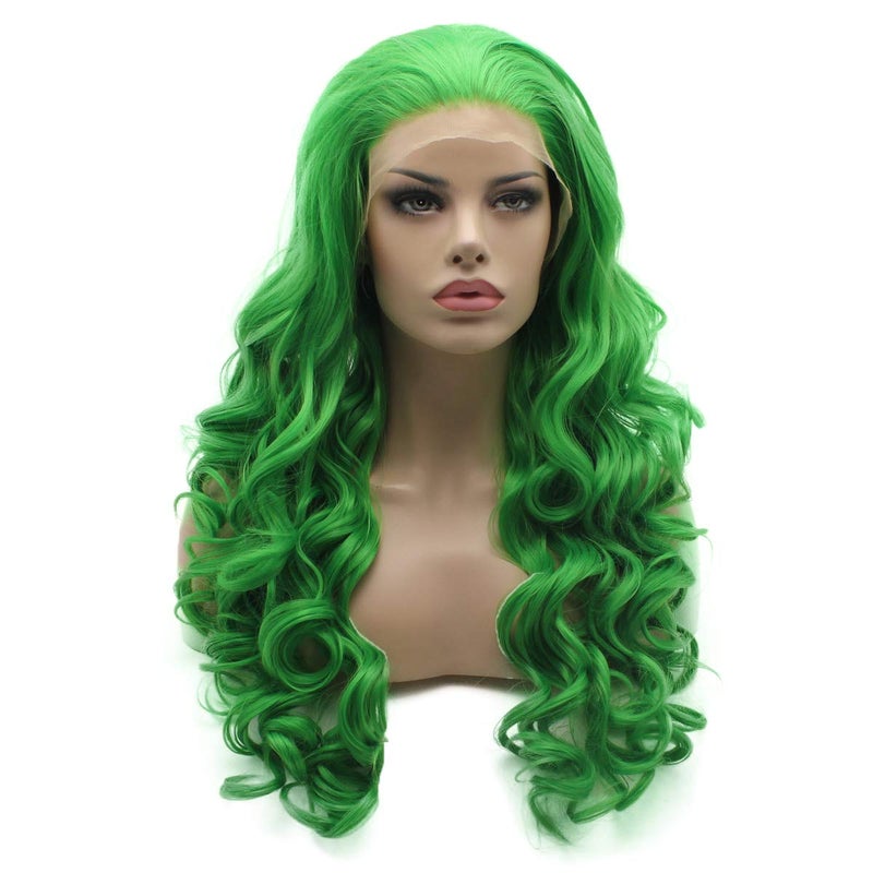 Lushy Lushy Fashion Wavy Long Green Half Hand Tied Heat Resistant Heavy Density Synthetic Lace Front Wig 