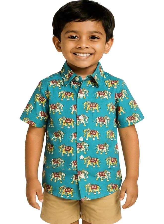 Chipmonk Boy's Pure Cotton Elephant Print Half Sleeves Shirt | Kids Regular Fit Shirt for Party & Casual Wear (Green, 6-12 Months) - Image 1