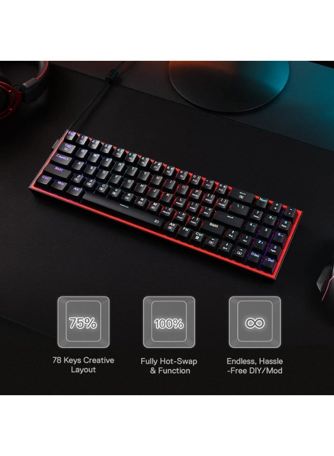 K628 Pollux 75% Wired RGB Gaming Keyboard, Compact 78 Keys Mechanical Keyboard with Hot-Swappable Switches, 100% Hot-Swap Socket, Free-Mod Plate Mounted PCB, Dedicated Arrow Keys & Numpad, Red - Image 2