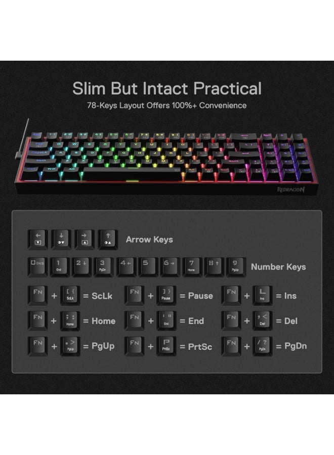 K628 Pollux 75% Wired RGB Gaming Keyboard, Compact 78 Keys Mechanical Keyboard with Hot-Swappable Switches, 100% Hot-Swap Socket, Free-Mod Plate Mounted PCB, Dedicated Arrow Keys & Numpad, Red - Image 4