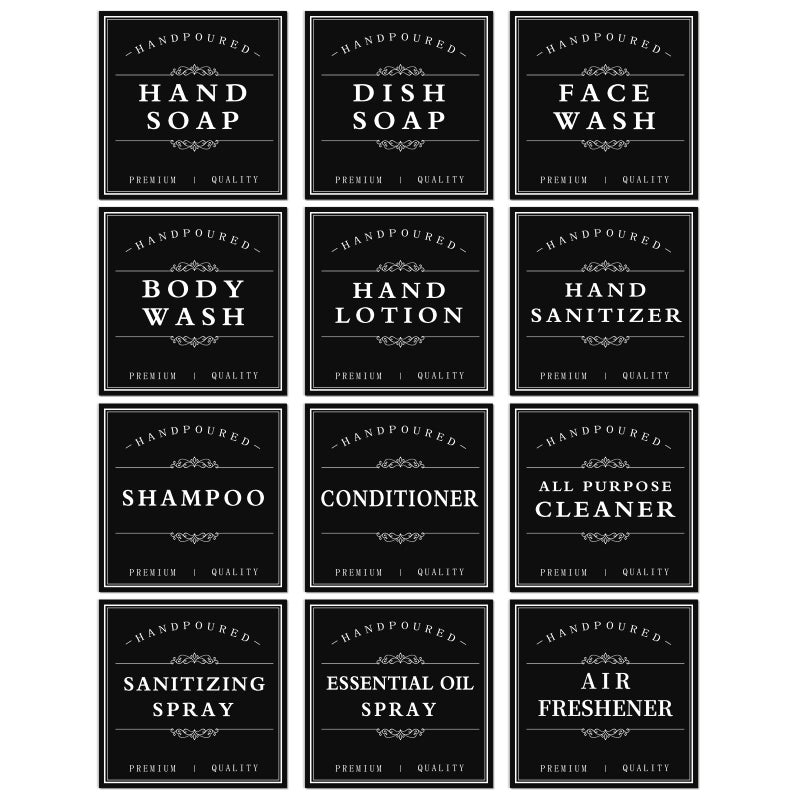 TESWEY White Waterproof Soap Labels for Plastic/Glass Bottles, Bathroom/Kitchen Hand Soap Dispenser Label Stickers, Removable Cleaning Bottle Labels for Soap, Lotion, Shampoo Conditioner, 12Pack (Black) - Image 1