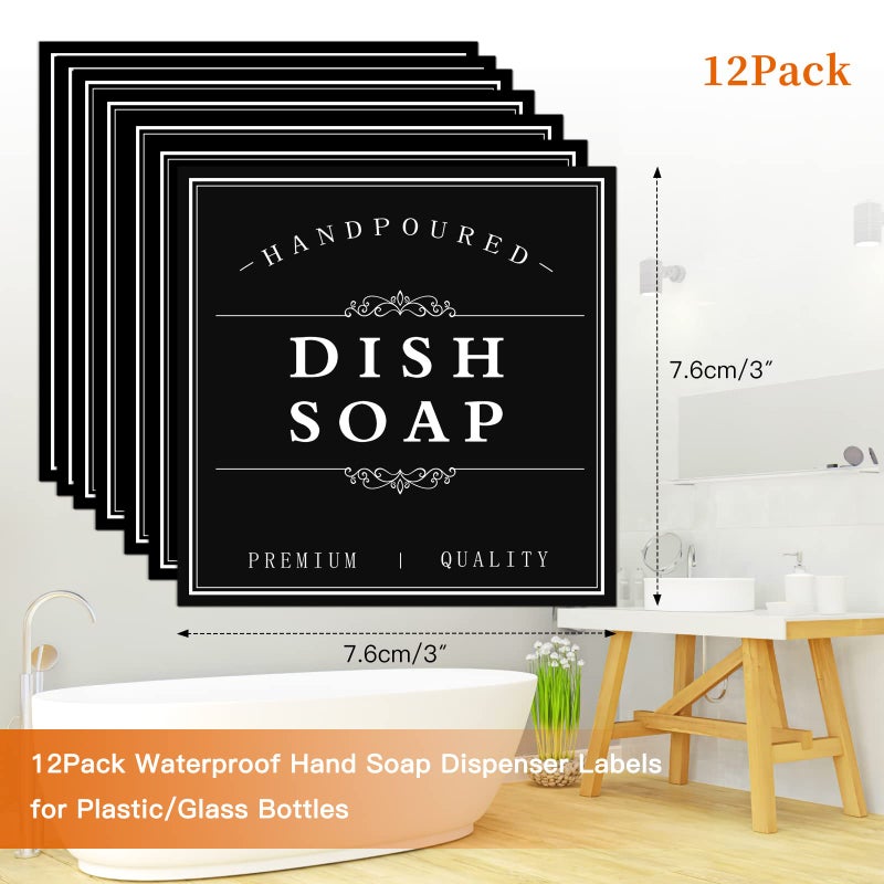 TESWEY White Waterproof Soap Labels for Plastic/Glass Bottles, Bathroom/Kitchen Hand Soap Dispenser Label Stickers, Removable Cleaning Bottle Labels for Soap, Lotion, Shampoo Conditioner, 12Pack (Black) - Image 2