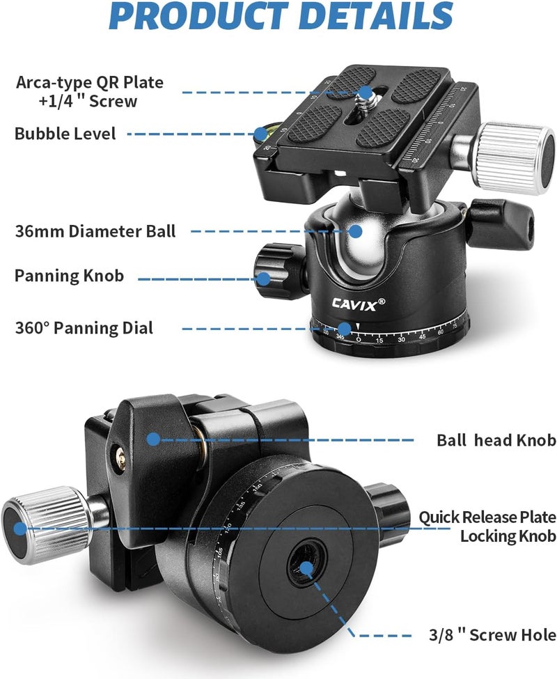 CAVIX Ball Head Mount, 36mm Ball Head Camera Tripod Head with 1/4“ Arca Swiss Quick Release Plate for Tripod, Monopod, DSLR, Camera,Load 33lb/15kg - Image 4