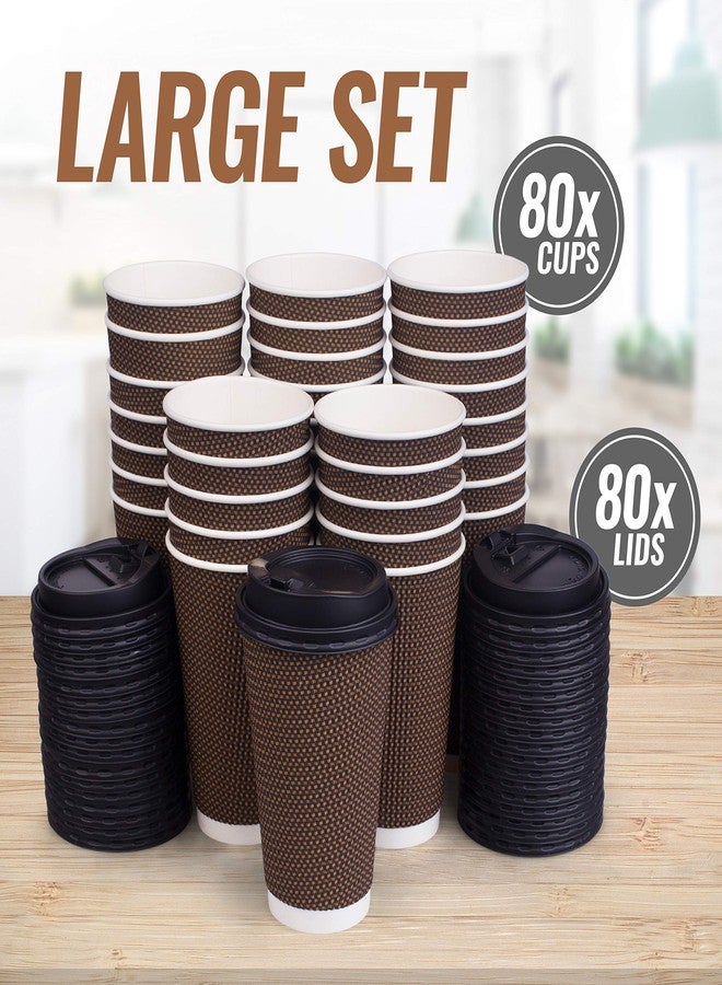 Promora Brown Disposable Coffee Cups With Lids 16 oz, Premium Insulated Paper Ripple Cups for Hot Coffee, Paper Coffee Cup with Lids (80 Pack) - Image 3