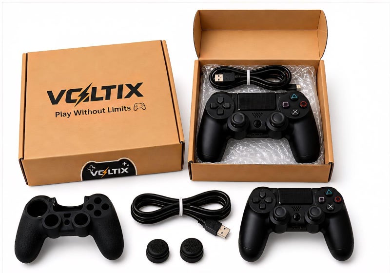 VOLTIX Wireless Controller Compatible with PS4 and PC with Silicone Cover, USB Charging Cable, Thumb Grip Caps