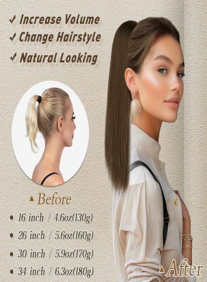 بارسدار وصلة شعر ذيل حصان من بارسدار - وصلات شعر ذيل حصان قصيرة مستقيمة بطول 16 بوصة برباط للنساء، وصلات شعر ذيل حصان صناعية ناعمة بمشابك، وصلات شعر ذيل حصان صناعية يومية - لون بني شوكولاتة مختلط - Image 3