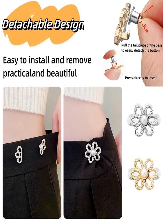 SQLemo 2 Sets Pant Waist Tightener – Adjustable Buttons & Pins for Loose Jeans, Pants & Skirts, No-Sew Waistband Extenders, Pants Clips for Women (Flower Gold & Silver) (Gold) - Image 2