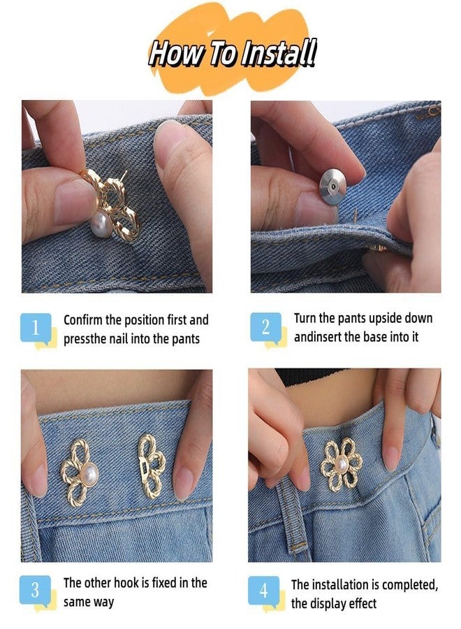 SQLemo 2 Sets Pant Waist Tightener – Adjustable Buttons & Pins for Loose Jeans, Pants & Skirts, No-Sew Waistband Extenders, Pants Clips for Women (Flower Gold & Silver) (Gold) - Image 4