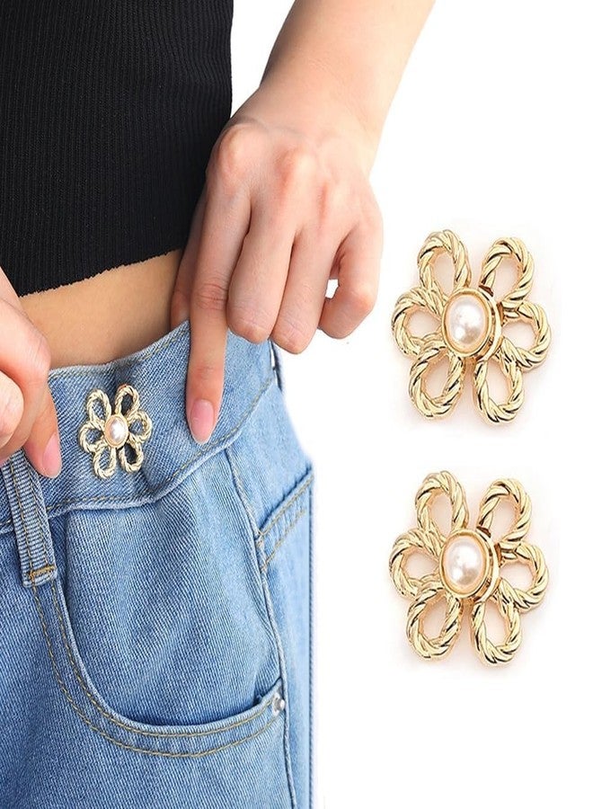 SQLemo 2 Sets Pant Waist Tightener – Adjustable Buttons & Pins for Loose Jeans, Pants & Skirts, No-Sew Waistband Extenders, Pants Clips for Women (Flower Gold & Silver) (Gold) - Image 1