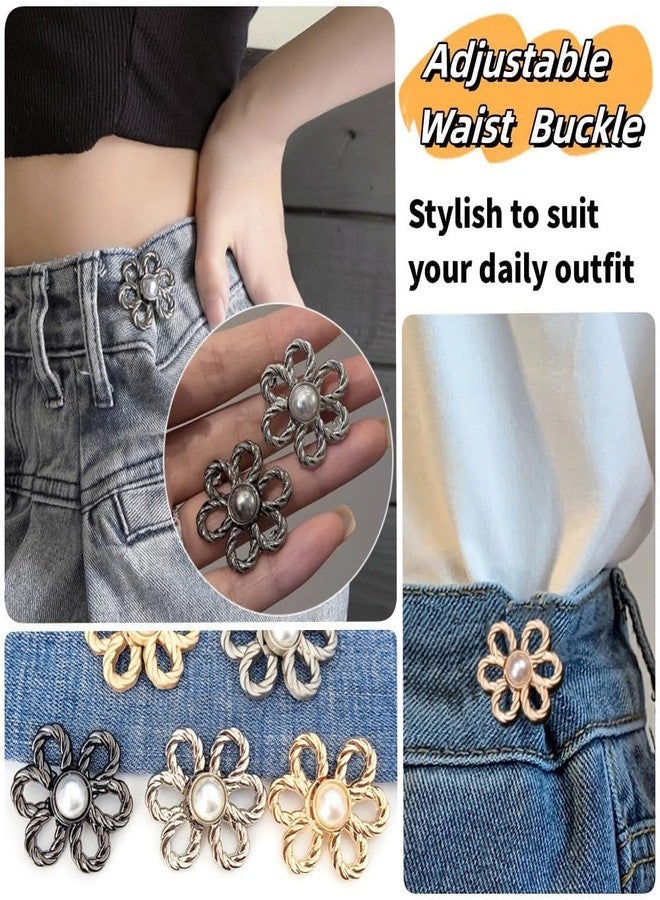 SQLemo 2 Sets Pant Waist Tightener – Adjustable Buttons & Pins for Loose Jeans, Pants & Skirts, No-Sew Waistband Extenders, Pants Clips for Women (Flower Gold & Silver) (Gold) - Image 3