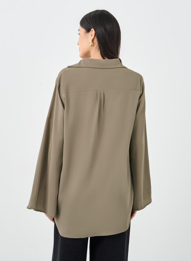 Styli Women Brown Slit Sleeve Oversized Shirt - Image 4