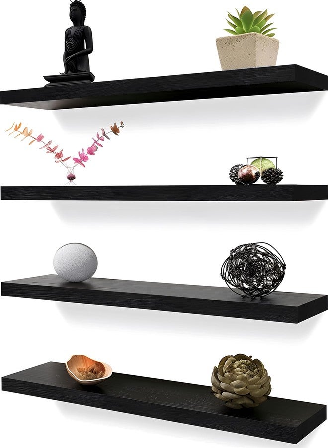 YYWUOJJ Wood Floating Shelves for Wall Decor, Rustic Wall Shelves for Bedroom Bathroom Kitchen Living Room, Set of 4 Black 24 Inch - Image 1