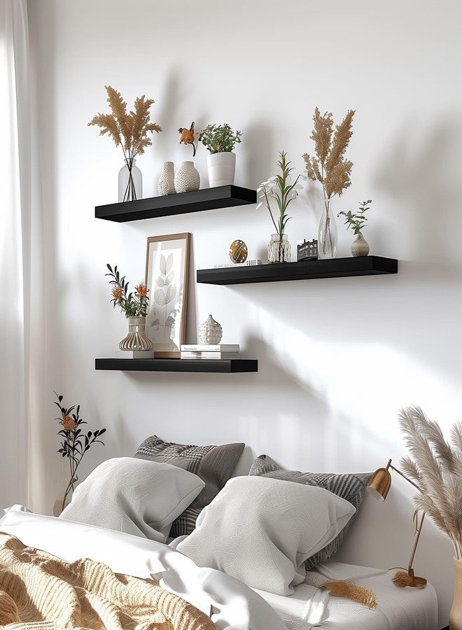 YYWUOJJ Wood Floating Shelves for Wall Decor, Rustic Wall Shelves for Bedroom Bathroom Kitchen Living Room, Set of 4 Black 24 Inch - Image 4