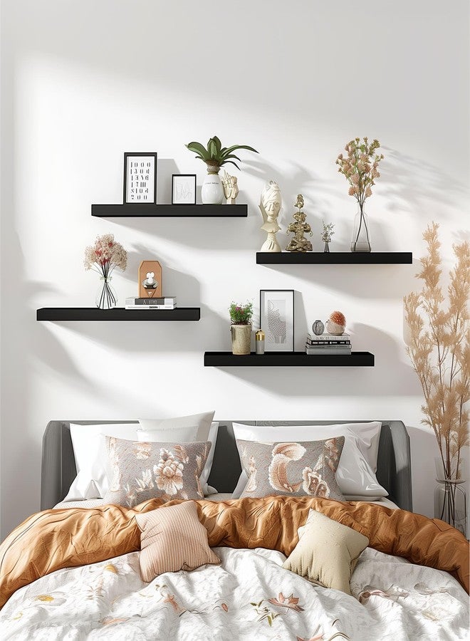 YYWUOJJ Wood Floating Shelves for Wall Decor, Rustic Wall Shelves for Bedroom Bathroom Kitchen Living Room, Set of 4 Black 24 Inch - Image 5