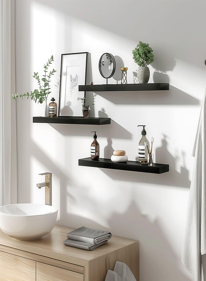 YYWUOJJ Wood Floating Shelves for Wall Decor, Rustic Wall Shelves for Bedroom Bathroom Kitchen Living Room, Set of 4 Black 24 Inch - Image 2