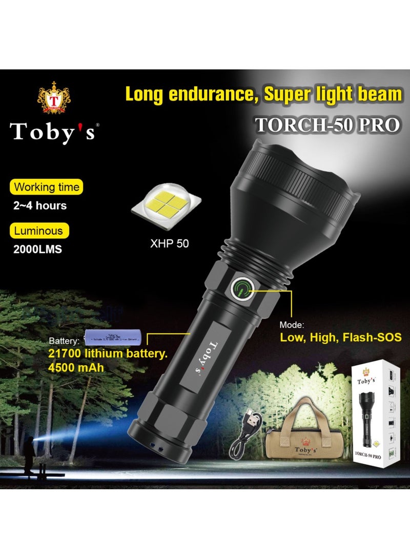 توبيز توبي الجديد Torch50 Pro متعدد الوظائف USB قابل لإعادة الشحن من سبائك الألومنيوم للسلامة في حالات الطوارئ 21700 مصباح LED يدوي