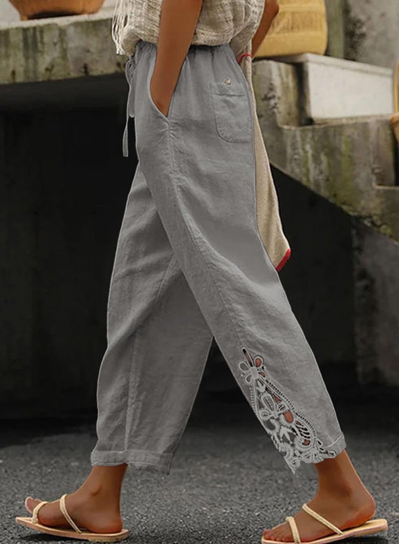 Acelitt Womens Casual Linen Pants Lightweight Drawstring Elastic Waist Fall 2026 Beach Ankle Capri Pants Trousers Gray Medium - Image 2