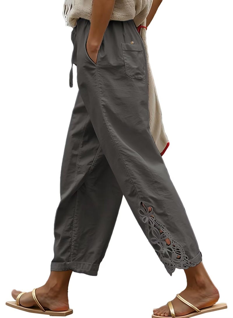 Acelitt Womens Casual Linen Pants Lightweight Drawstring Elastic Waist Fall 2026 Beach Ankle Capri Pants Trousers Gray Medium - Image 1