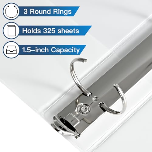 SUIN 1.5-inch 3 Ring-Binder with 2 Interior Pockets, Premium 1.5''-Binders Holds 325 Sheets US Letter Size 8.5'' x 11'' Paper - Durable, Versatile Binders for Office, Home, and School Use, 6 Pack (White) - Image 3