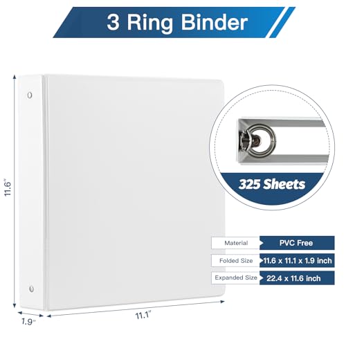 SUIN 1.5-inch 3 Ring-Binder with 2 Interior Pockets, Premium 1.5''-Binders Holds 325 Sheets US Letter Size 8.5'' x 11'' Paper - Durable, Versatile Binders for Office, Home, and School Use, 6 Pack (White) - Image 2