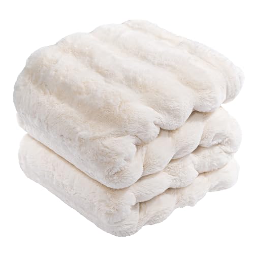 Touchat Luxury Faux Rabbit Fur Throw Blanket for CouchSuper Heavy Warm Cozy Blanket for Sofa Bedroom Living RoomUltra Soft Fluffy Reversible Plush Blanket for Home Decor GiftsCream White