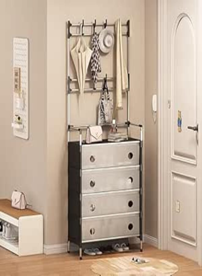 Multifunctional Entryway Storage Rack with Hanging Bar, Shoe Shelf, and Drawers (5 Tier, Plastic cabinets, hanging hooks with metal frame) (BLACK & WHITE, 5 LAYER)