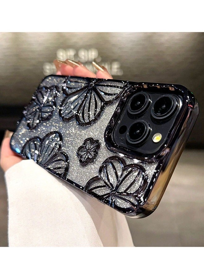 Sparkle Case for iPhone 16 Pro Max，Dazzle 3D Flower，Camera Protection，Elegant Gradient iPhone 16 Pro Max Cover，Premium Shiny iPhone 16 Pro Max Case  ，Black
