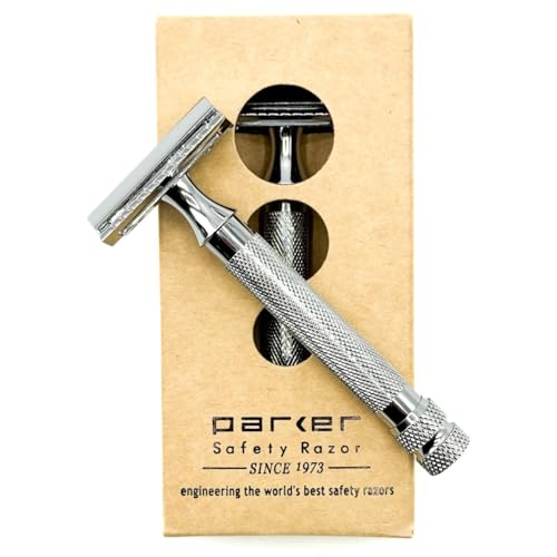 Parker Safety Razor Parker 91R Double Edge Safety Razor - Three-Piece Heavyweight Safety Razor with Brass Frame & Chrome Plated Knurled Handle -5 Premium Parker Platinum Double Edge Razor Blades Included