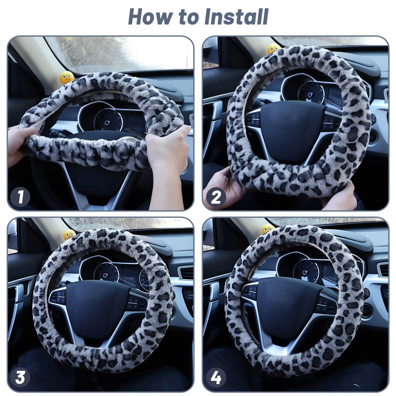 accmor Fuzzy Steering Wheel Cover for Women Girls, Accmor Universal Fit Fur Car Wheel Cover & Handbrake Cover & Gear Shift Cover Set, Leopard Winter Warm Fluffy Vehicle Wheel Protector for Auto, SUV - Image 5