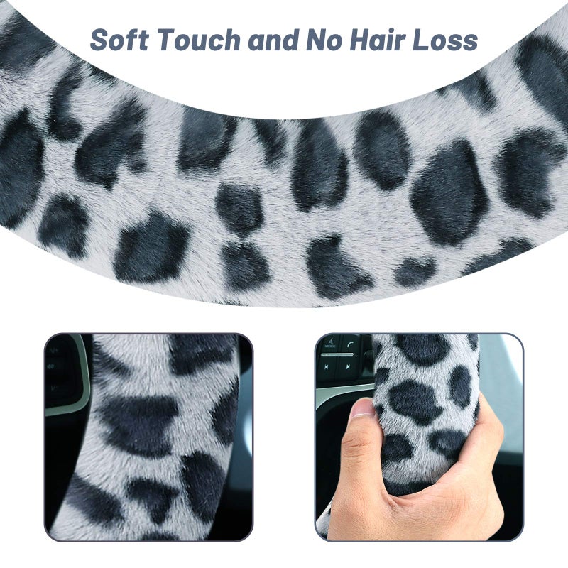 accmor Fuzzy Steering Wheel Cover for Women Girls, Accmor Universal Fit Fur Car Wheel Cover & Handbrake Cover & Gear Shift Cover Set, Leopard Winter Warm Fluffy Vehicle Wheel Protector for Auto, SUV - Image 4