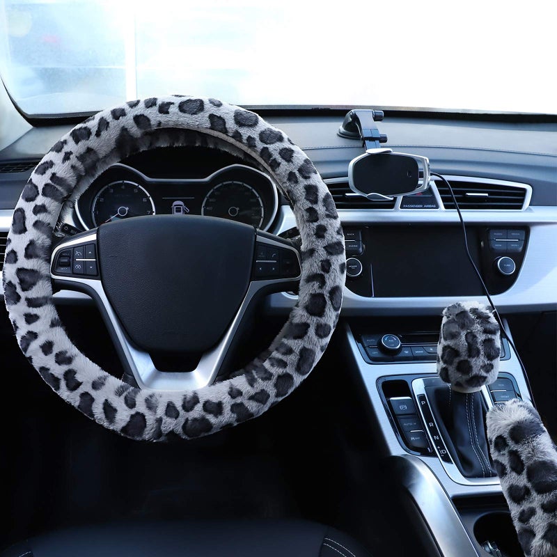 accmor Fuzzy Steering Wheel Cover for Women Girls, Accmor Universal Fit Fur Car Wheel Cover & Handbrake Cover & Gear Shift Cover Set, Leopard Winter Warm Fluffy Vehicle Wheel Protector for Auto, SUV - Image 3