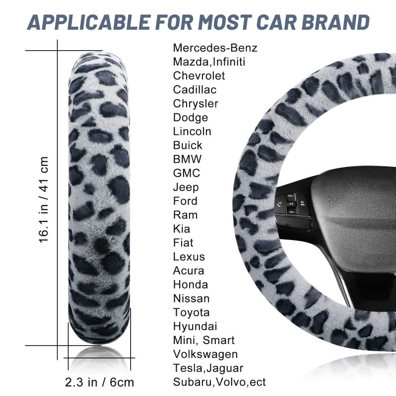 accmor Fuzzy Steering Wheel Cover for Women Girls, Accmor Universal Fit Fur Car Wheel Cover & Handbrake Cover & Gear Shift Cover Set, Leopard Winter Warm Fluffy Vehicle Wheel Protector for Auto, SUV - Image 2