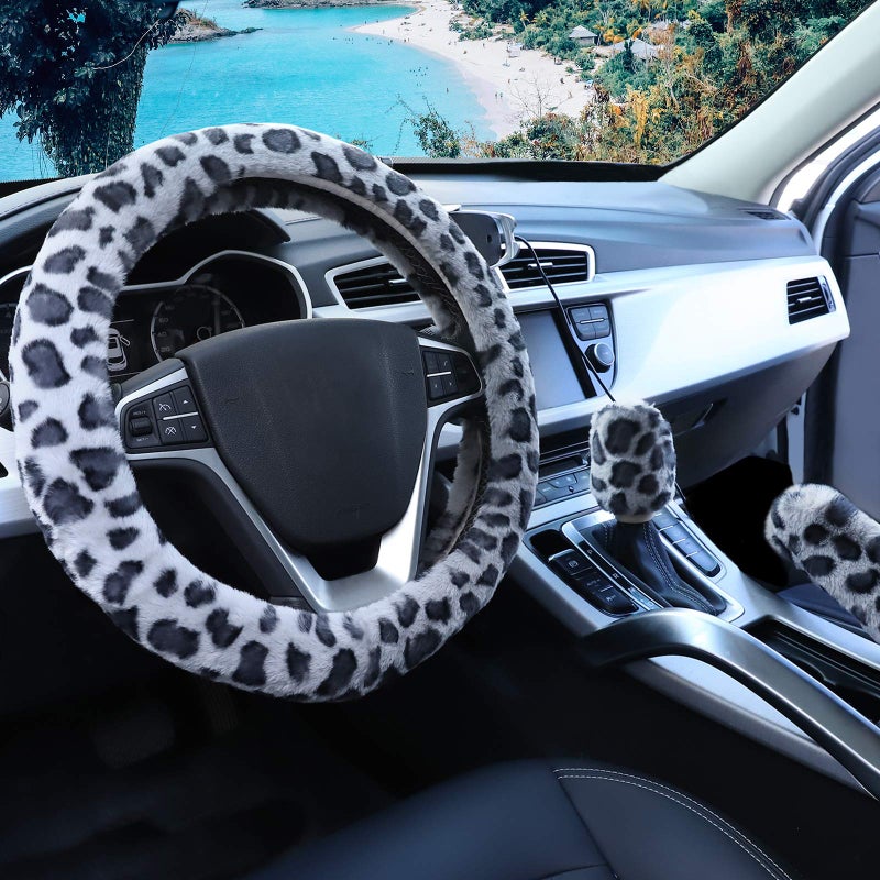 accmor Fuzzy Steering Wheel Cover for Women Girls, Accmor Universal Fit Fur Car Wheel Cover & Handbrake Cover & Gear Shift Cover Set, Leopard Winter Warm Fluffy Vehicle Wheel Protector for Auto, SUV - Image 1